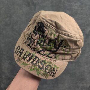 Harley Davidson Hat Adult Women Medium Tan Brown Cadet Military Cap EUC SpellOut